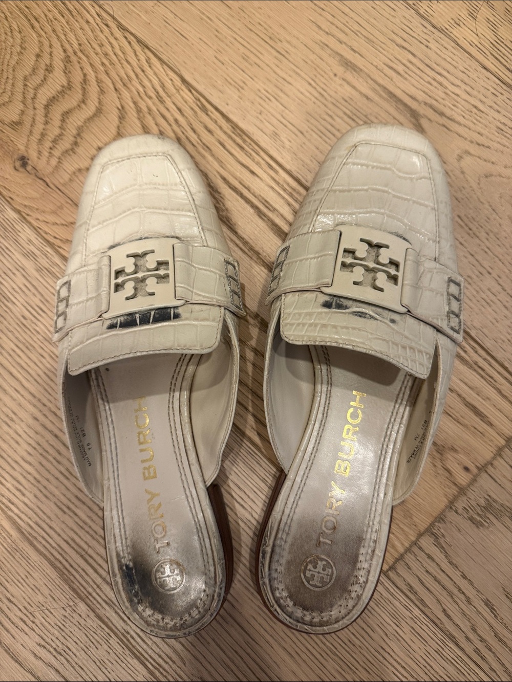 Tory Burch Cream Croc-Embossed Leather Mule Slides with Gold Logo